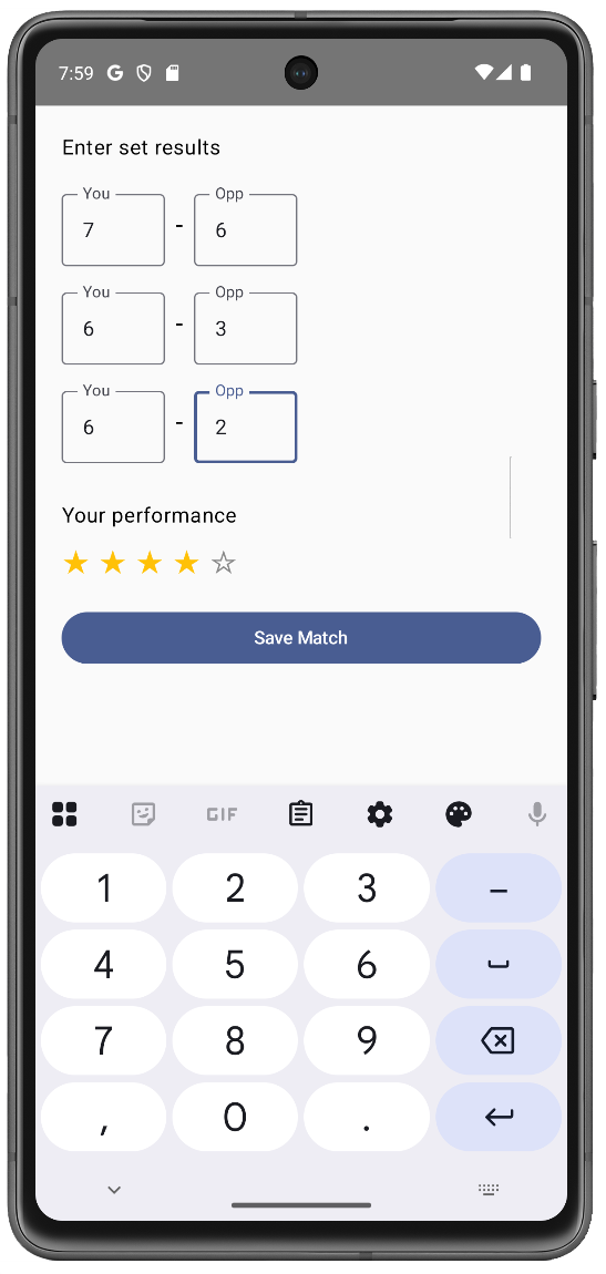 PadelWatch live match tracking screen