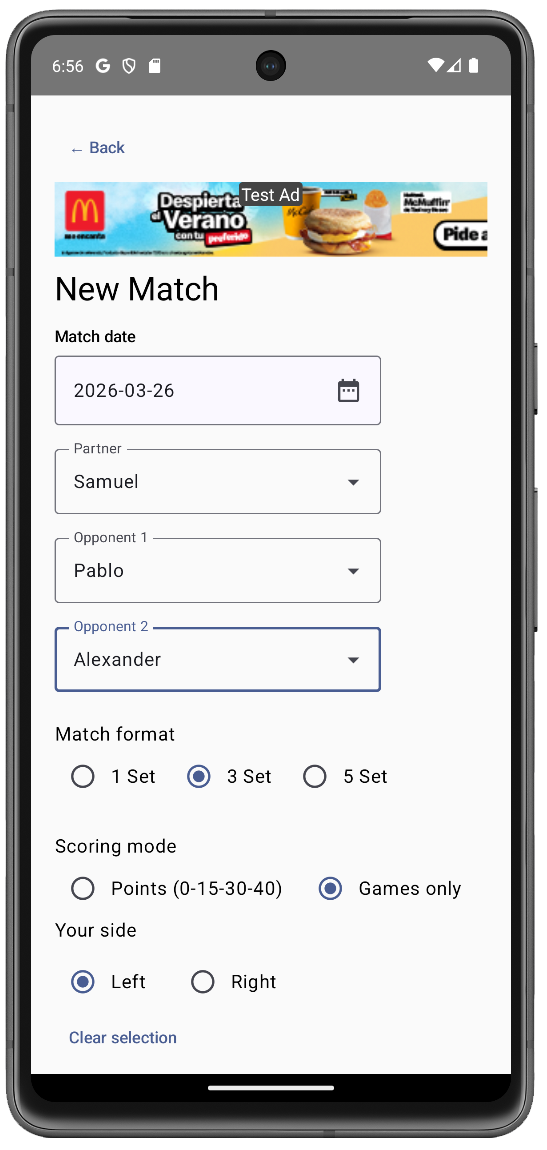PadelWatch match setup screen